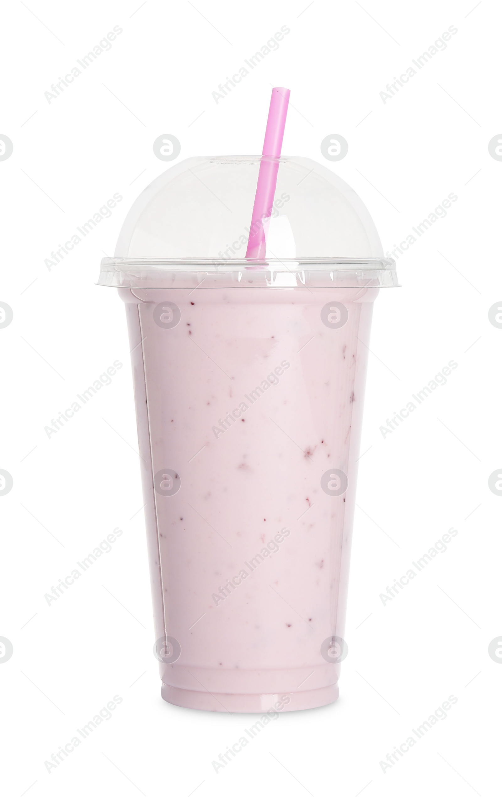 Photo of Plastic cup of tasty smoothie isolated on white