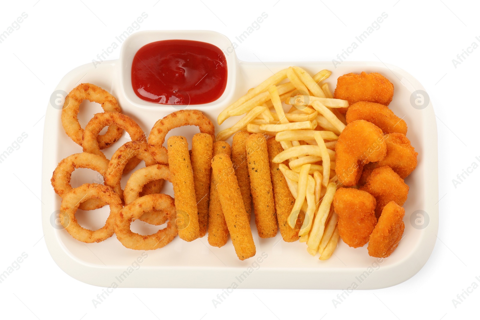 Photo of Different delicious fast food served with ketchup on white background, top view