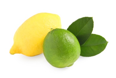 Fresh ripe lemon, lime and green leaves on white background