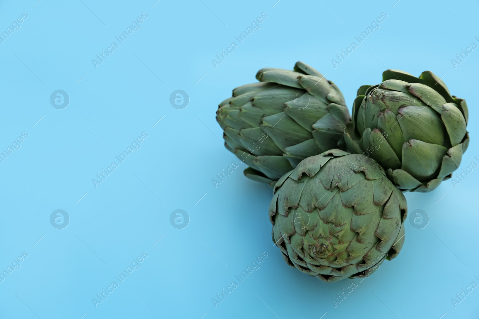 Photo of Whole fresh raw artichokes on light blue background. Space for text