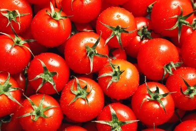 Photo of Delicious ripe cherry tomatoes with water drops as background, above view