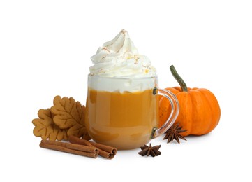 Photo of Cup of pumpkin spice latte with whipped cream, squash, cookies, anise and cinnamon sticks isolated on white