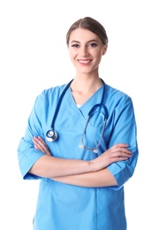 Young medical student in uniform on white background