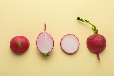 Photo of Fresh ripe radish on beige background, flat lay