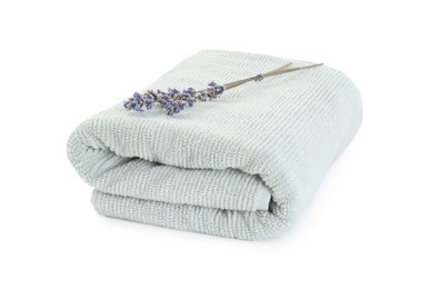 Photo of Soft towel and lavender isolated on white