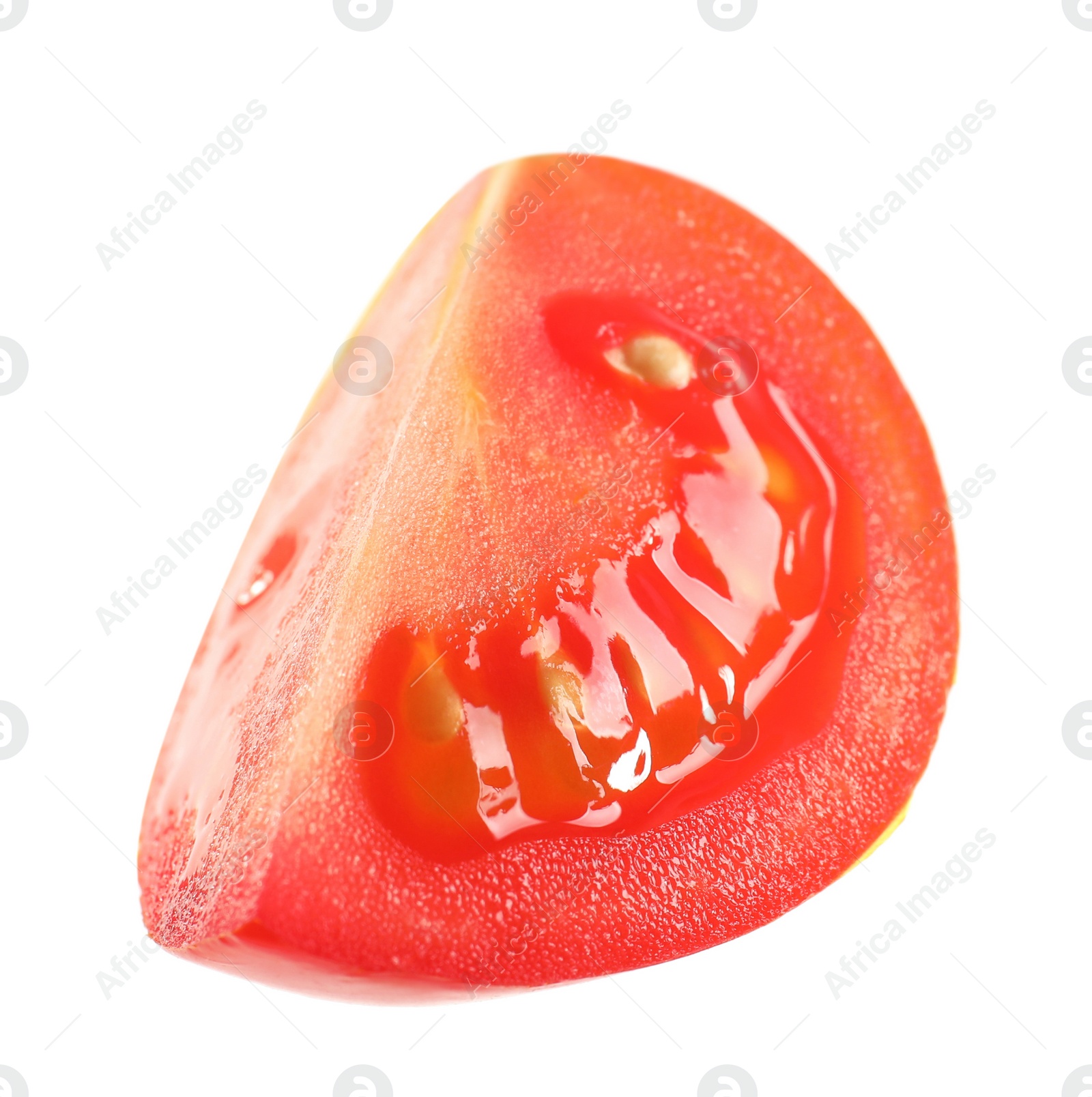 Photo of Slice of fresh cherry tomato isolated on white