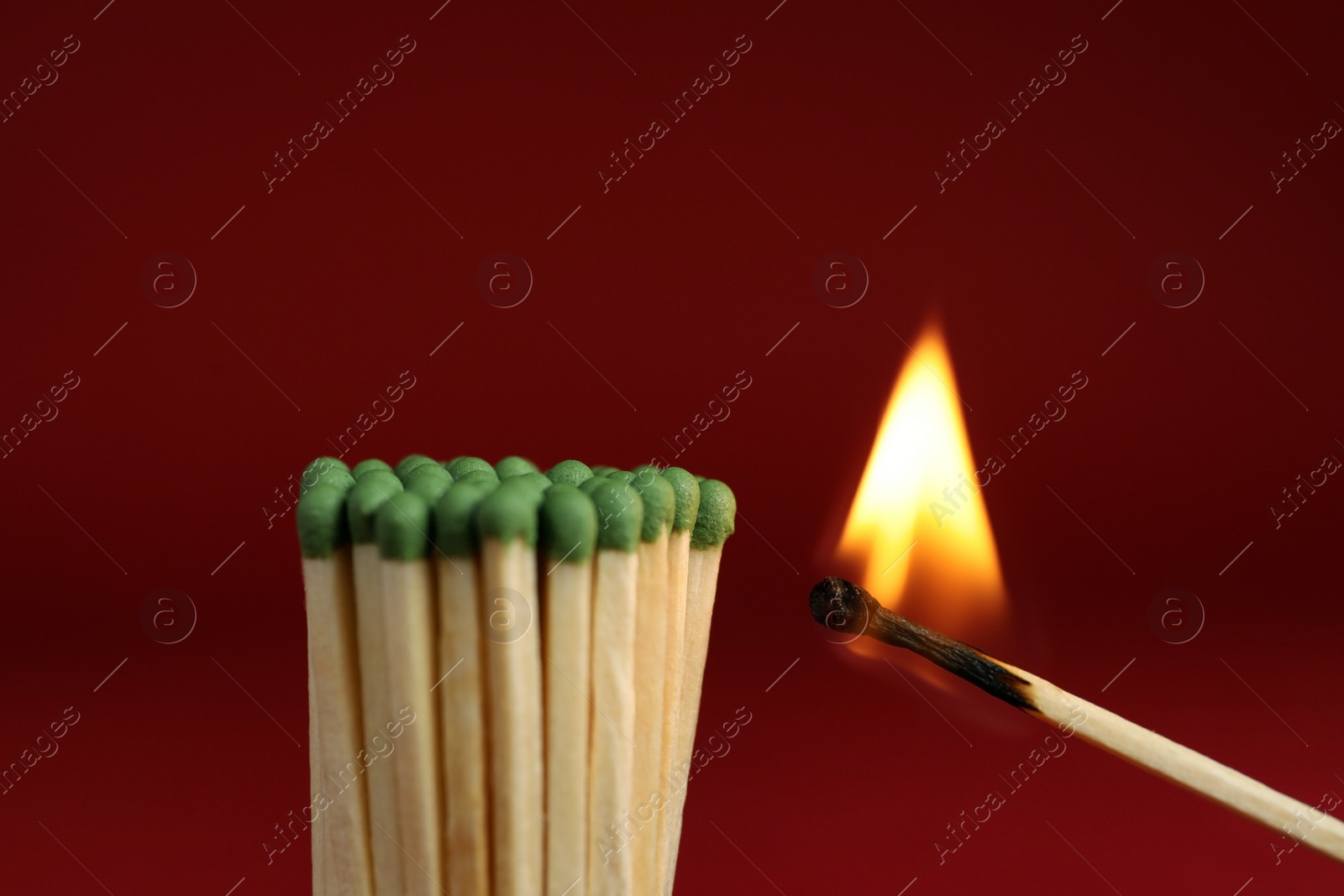 Photo of Burning match near unlit ones on red background