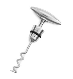 Photo of One metal corkscrew isolated on white, top view