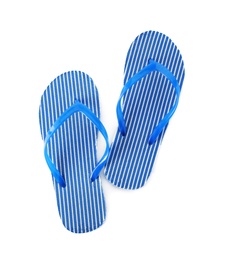 Photo of Bright flip flops on white background. Beach object