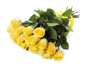 Photo of Beautiful bouquet of yellow roses with ribbon isolated on white