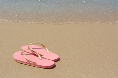 Stylish pink flip flops on wet sand near sea, space for text