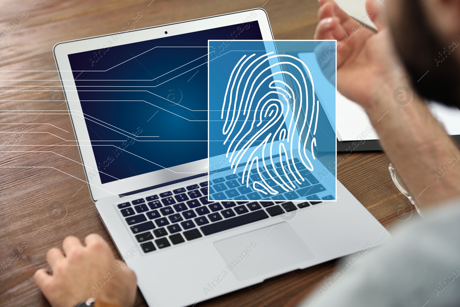 Image of Fingerprint identification. Man working with laptop at table, closeup