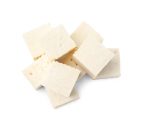 Photo of Delicious tofu cheese isolated on white, top view