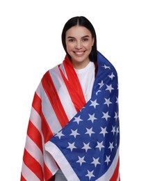 Image of 4th of July - Independence day of America. Happy woman with national flag of United States on white background