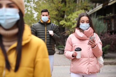 People in medical face masks walking outdoors. Personal protection during COVID-19 pandemic