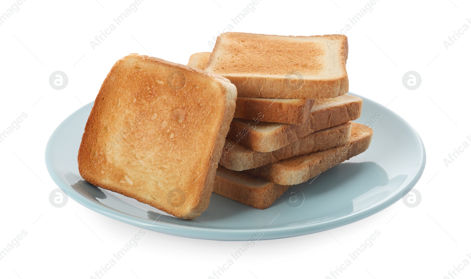 Photo of Plate with slices of delicious toasted bread on white background