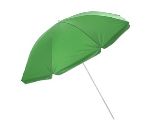 Photo of Open green beach umbrella isolated on white
