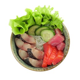 Photo of Delicious mackerel, tuna and salmon served with cucumbers, funchosa and lettuce isolated on white, top view. Tasty sashimi dish