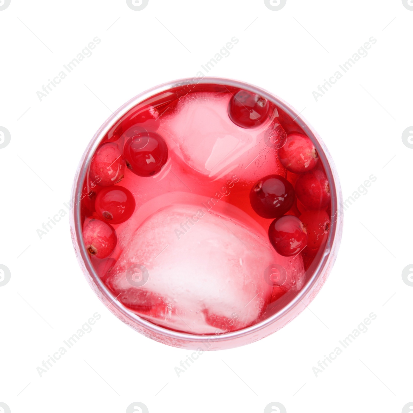 Photo of Tasty refreshing cranberry cocktail isolated on white, top view