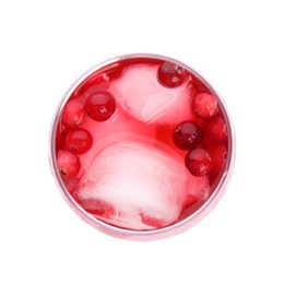 Photo of Tasty refreshing cranberry cocktail isolated on white, top view