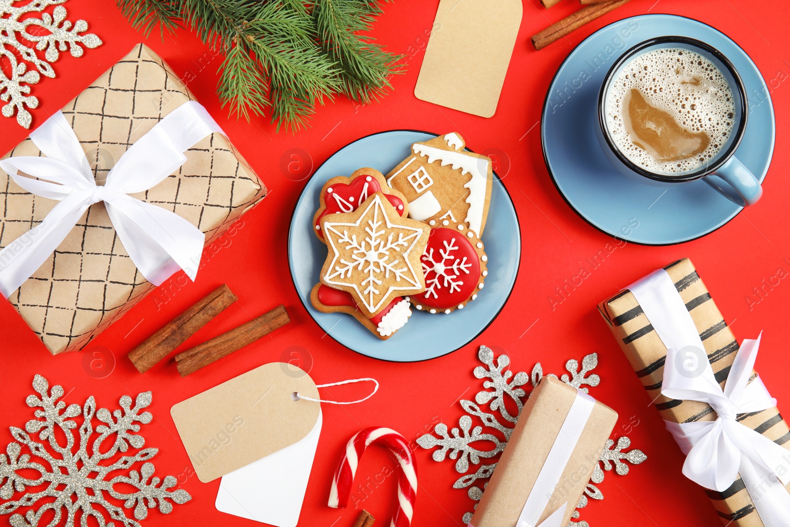 Photo of Flat lay composition with tasty homemade Christmas cookies on color background