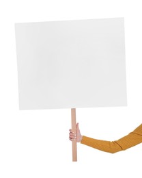 Woman holding blank sign on white background, closeup
