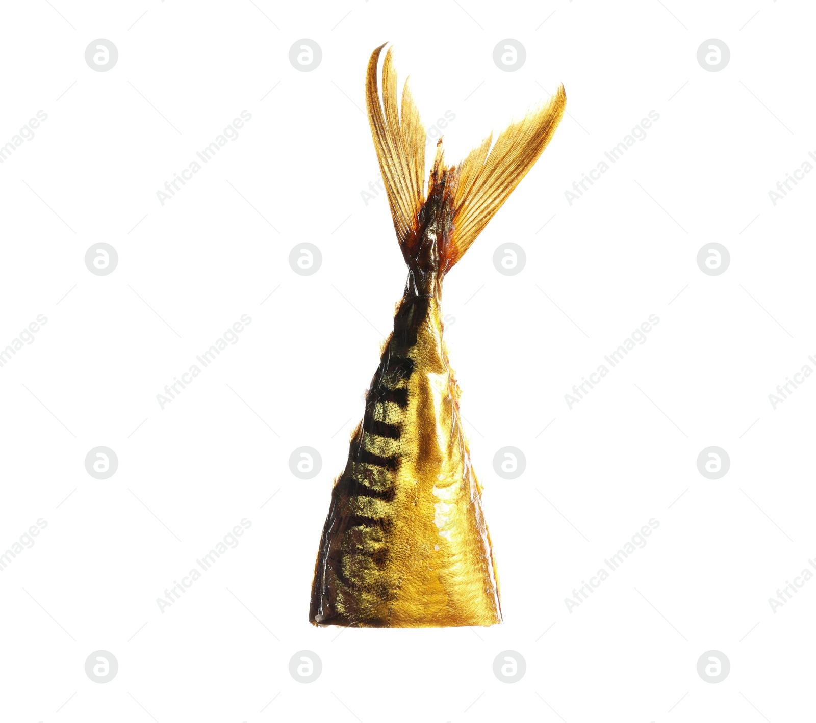 Photo of Tail of tasty smoked fish isolated on white