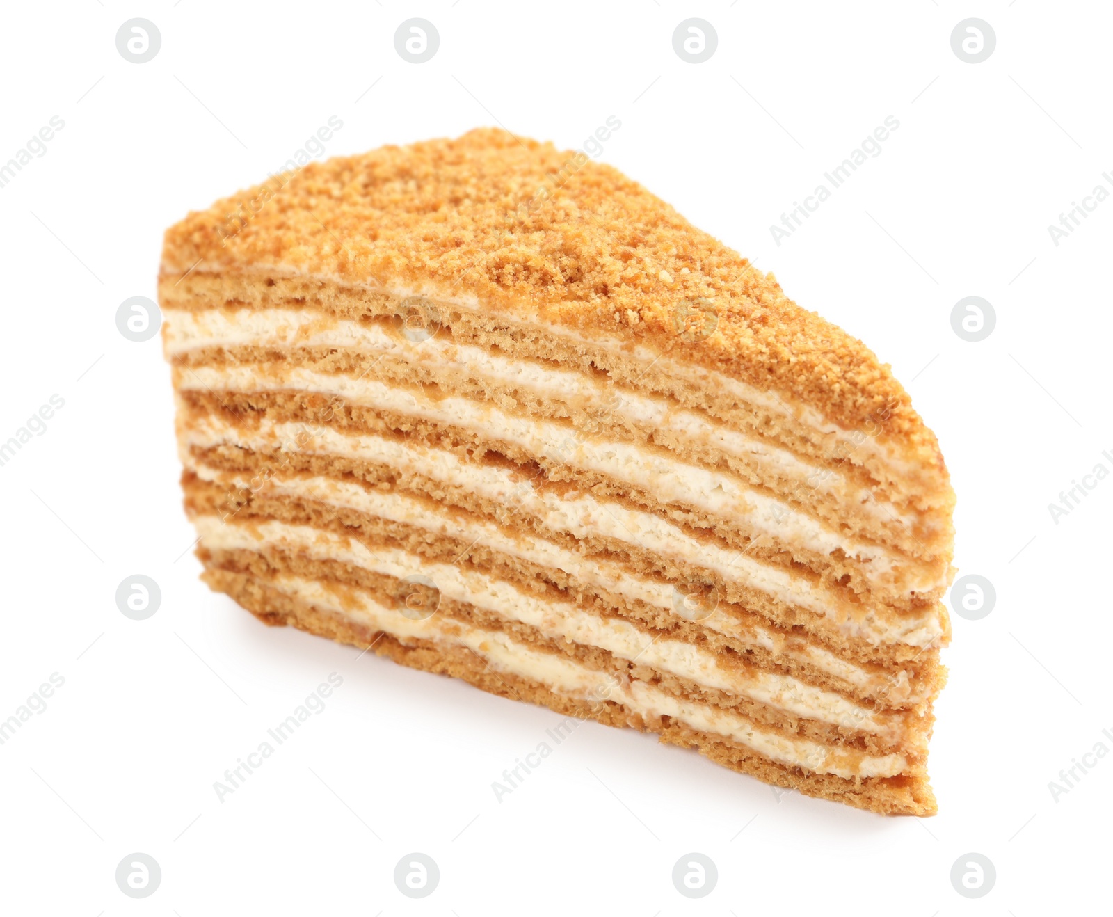 Photo of Slice of delicious honey cake isolated on white