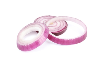 Photo of Sliced red onion rings on white background