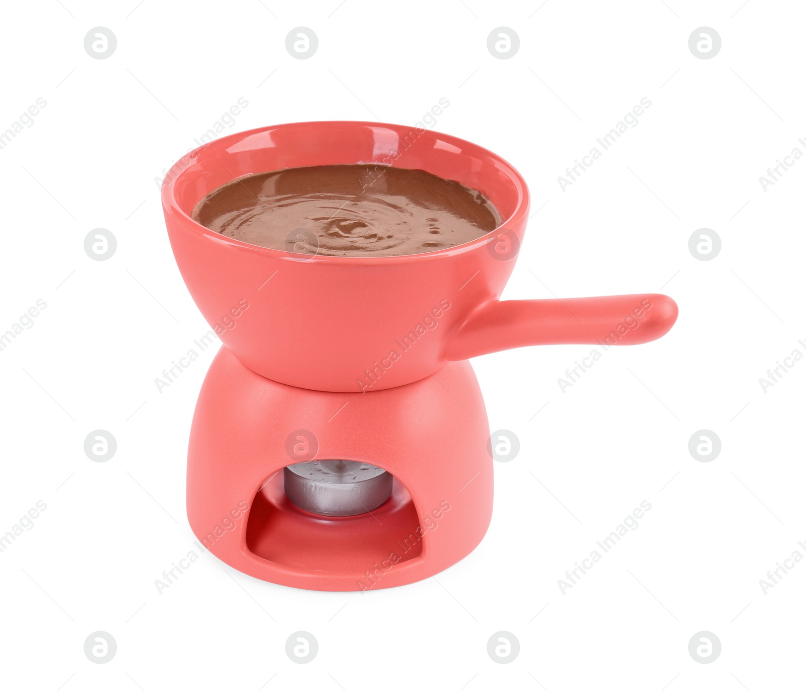 Photo of Fondue pot with melted chocolate isolated on white