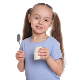 Cute little girl with tasty yogurt on white background