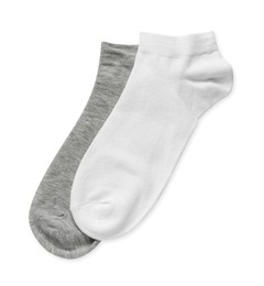 Different socks isolated on white, top view