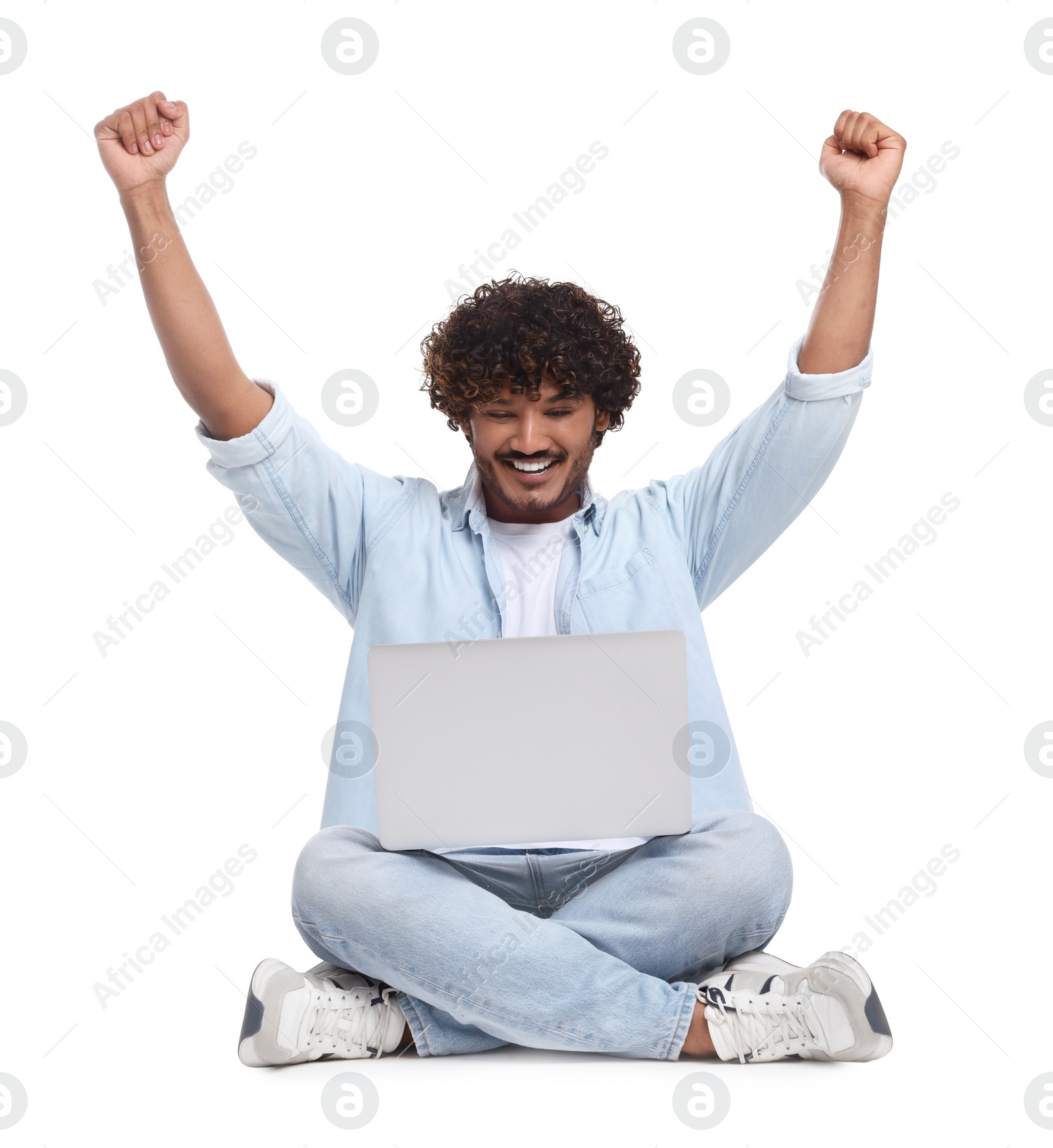 Photo of Happy man with laptop on white background