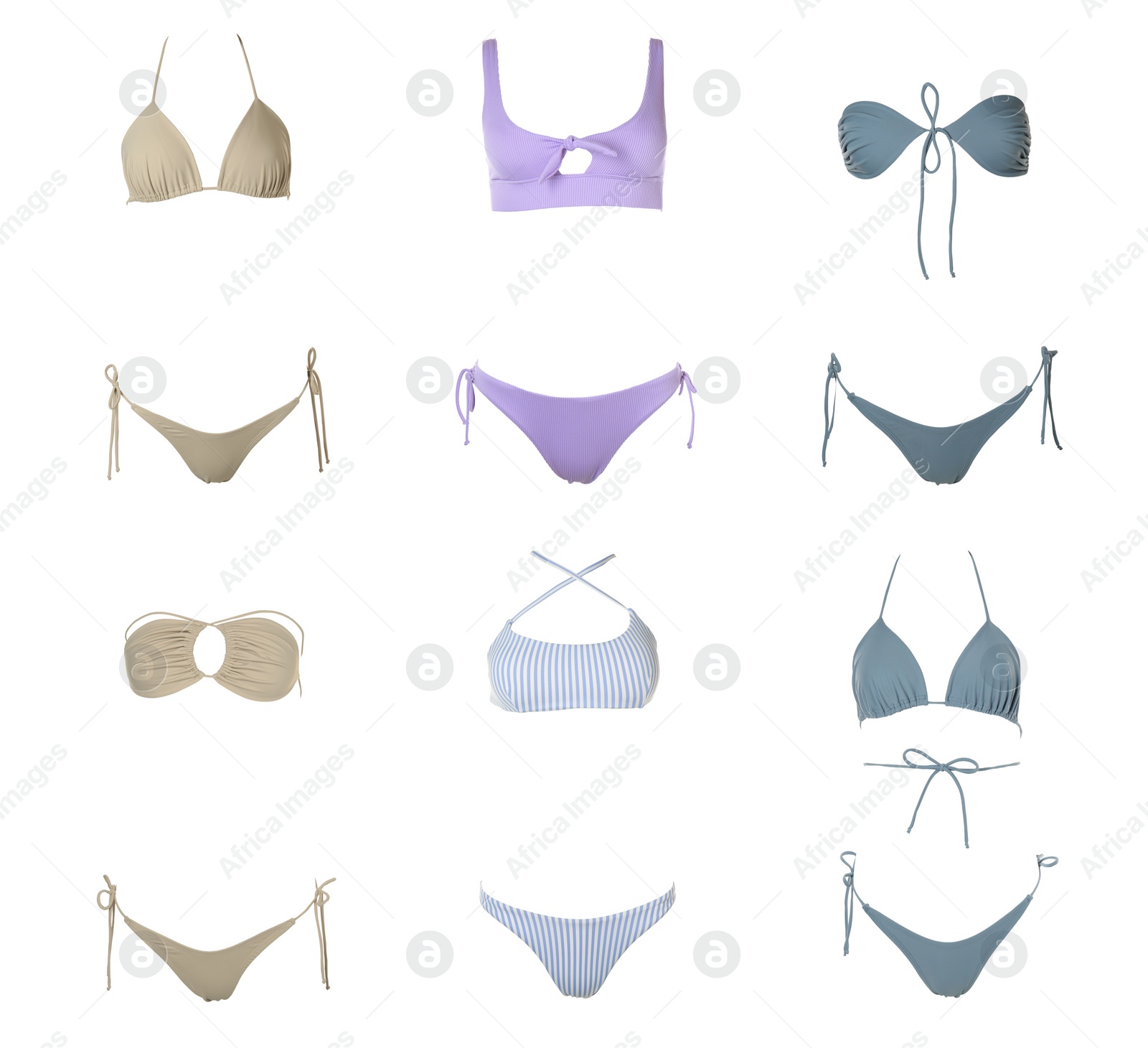 Image of Collection of different stylish bikini on white background 