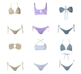 Image of Collection of different stylish bikini on white background 