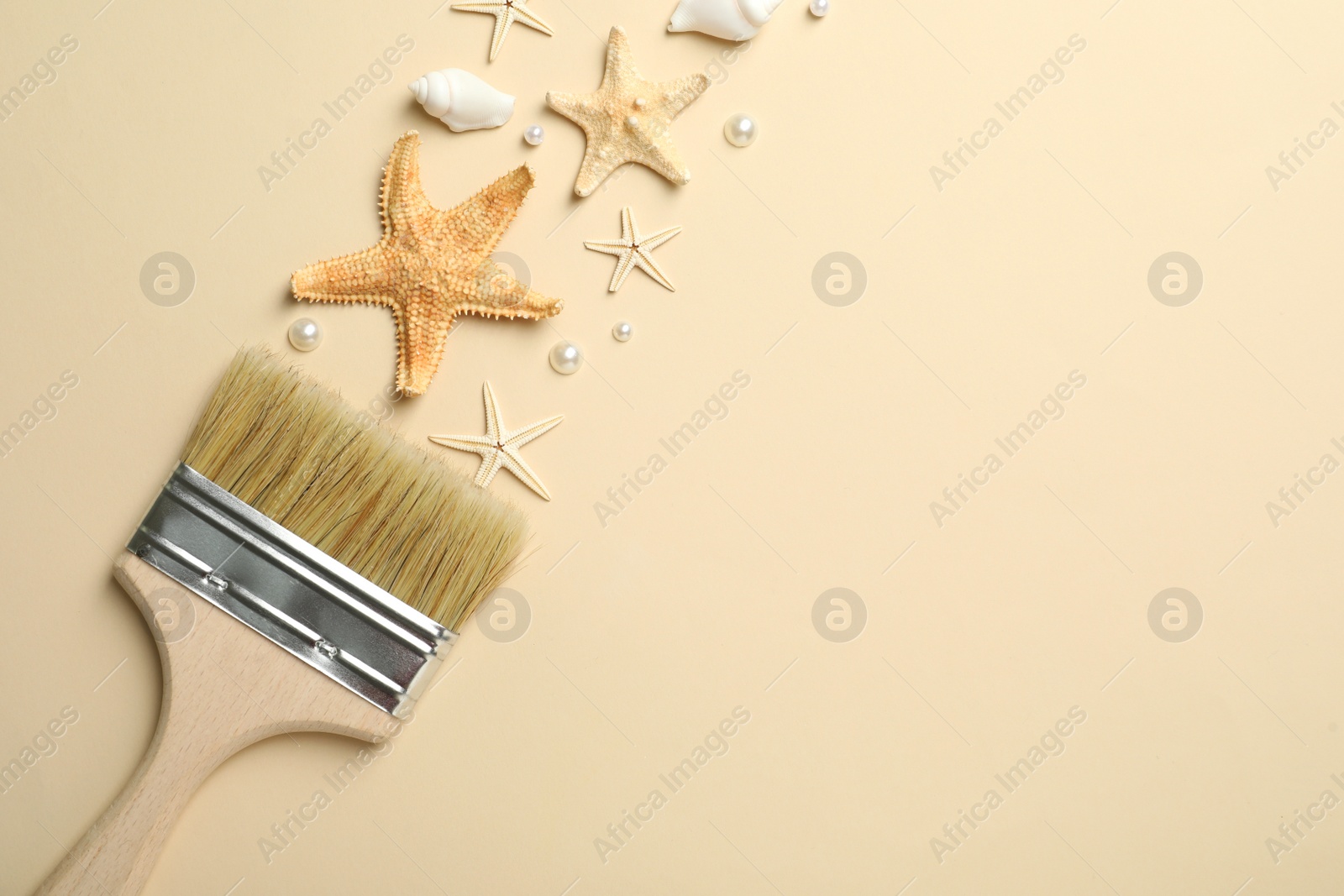 Photo of Brush painting with sea stars, pearls and shells on beige background, flat lay. Space for text. Creative concept