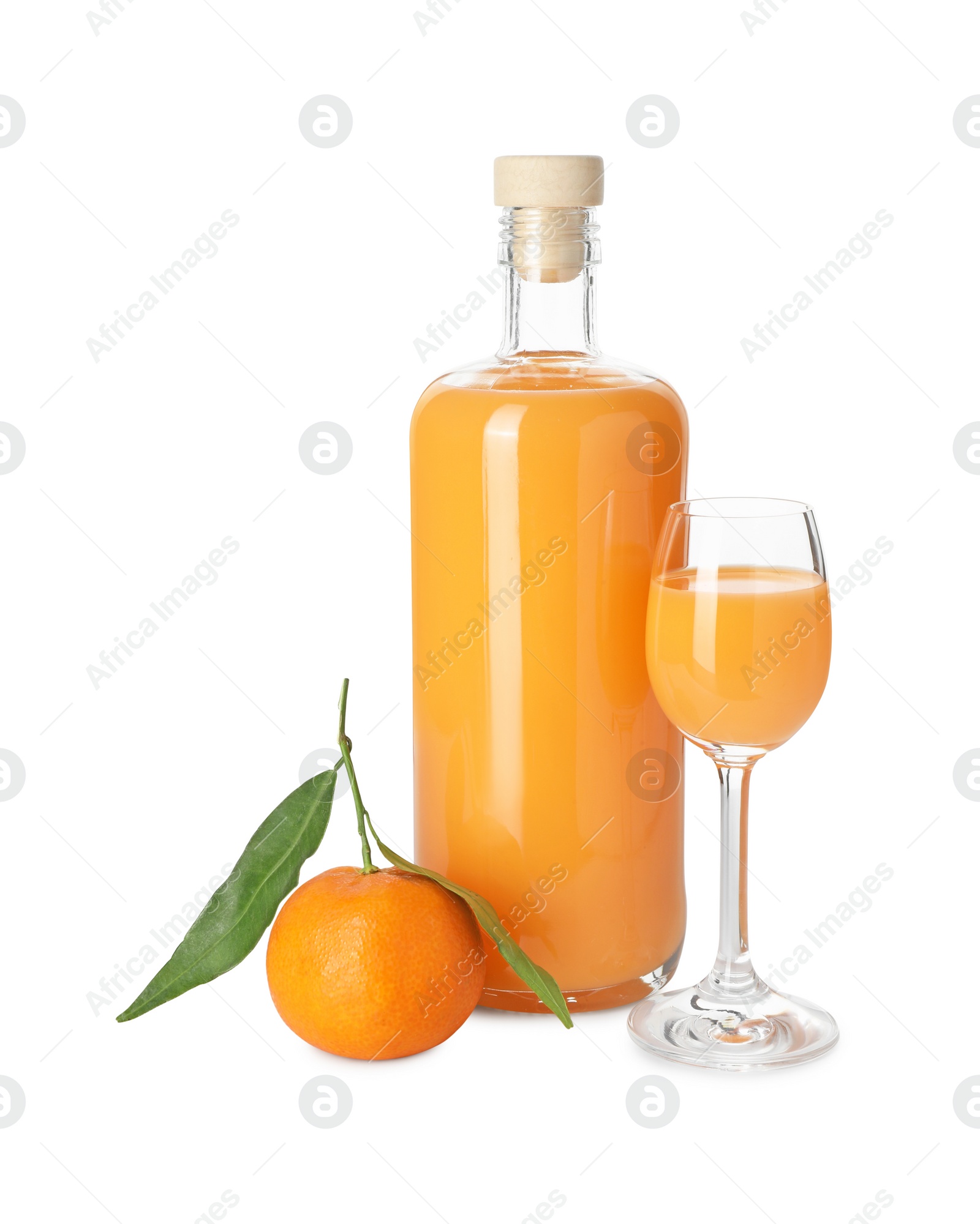 Photo of Tasty tangerine liqueur and fresh fruits isolated on white