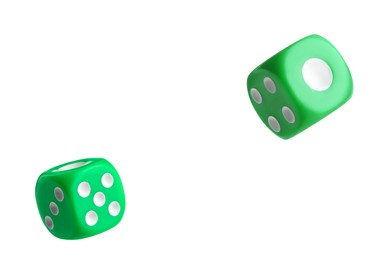 Image of Two green dice in air on white background