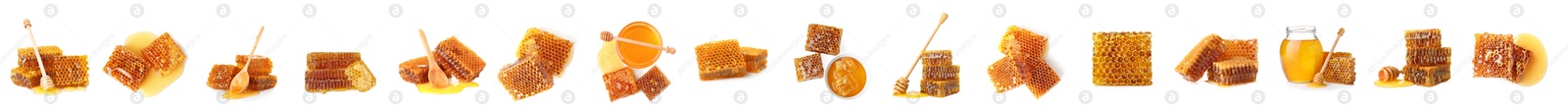 Image of Set with fresh delicious honeycombs on white background. Banner design