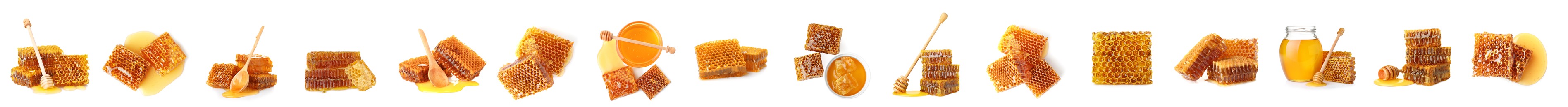 Image of Set with fresh delicious honeycombs on white background. Banner design