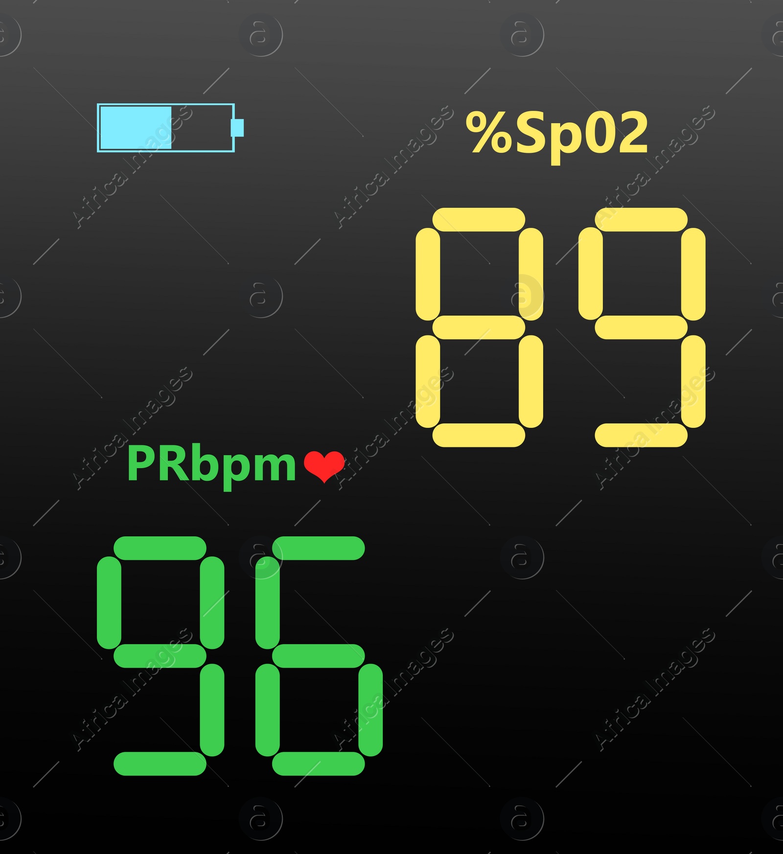 Illustration of Blood oxygen level. Fingertip pulse oximeter display illustration