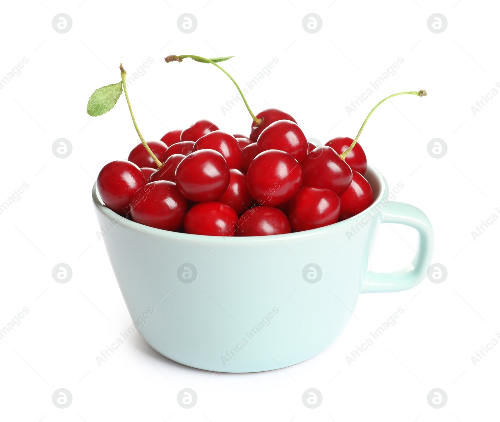 Photo of Cup of delicious ripe sweet cherries on white background