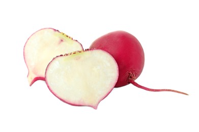 Cut and whole fresh ripe turnips on white background