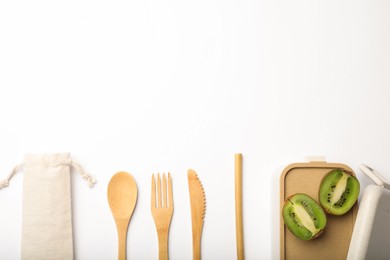 Photo of Flat lay composition with eco friendly products on white background, space for text