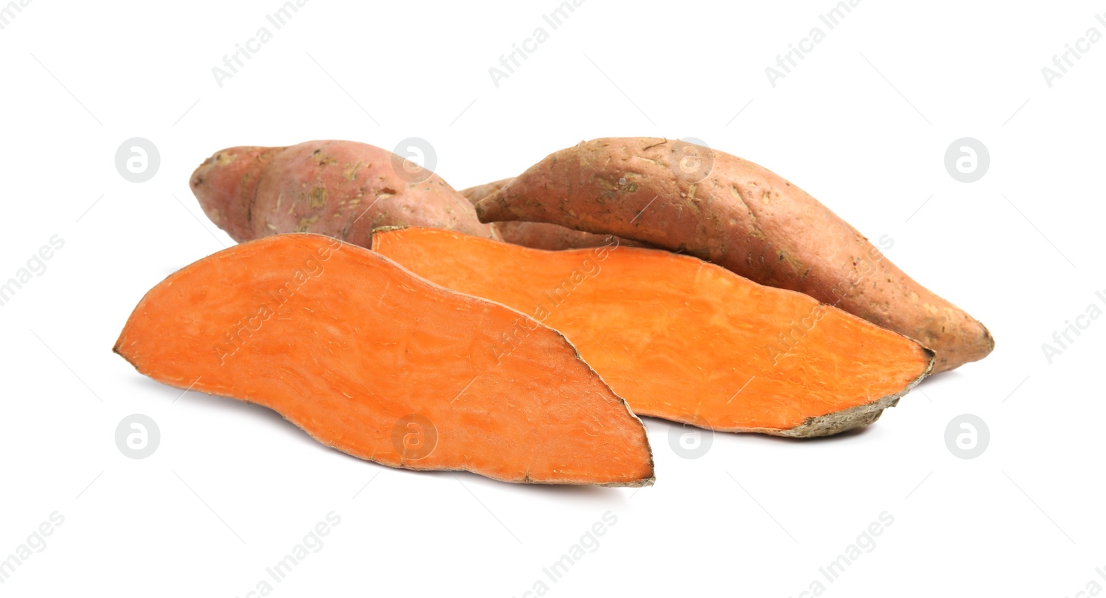 Photo of Fresh ripe sweet potatoes on white background