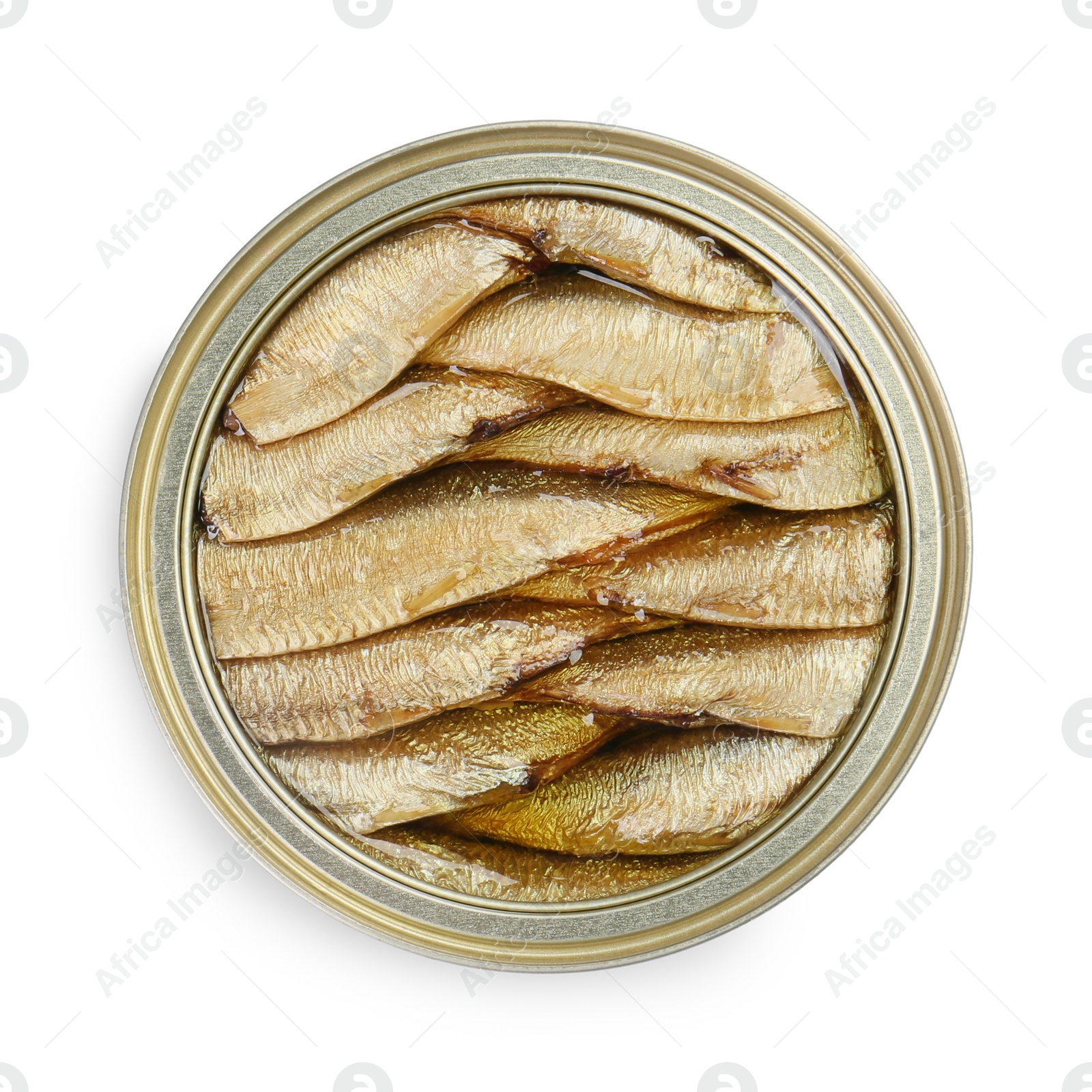 Photo of Sprats in tin can isolated on white, top view
