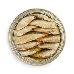 Photo of Sprats in tin can isolated on white, top view