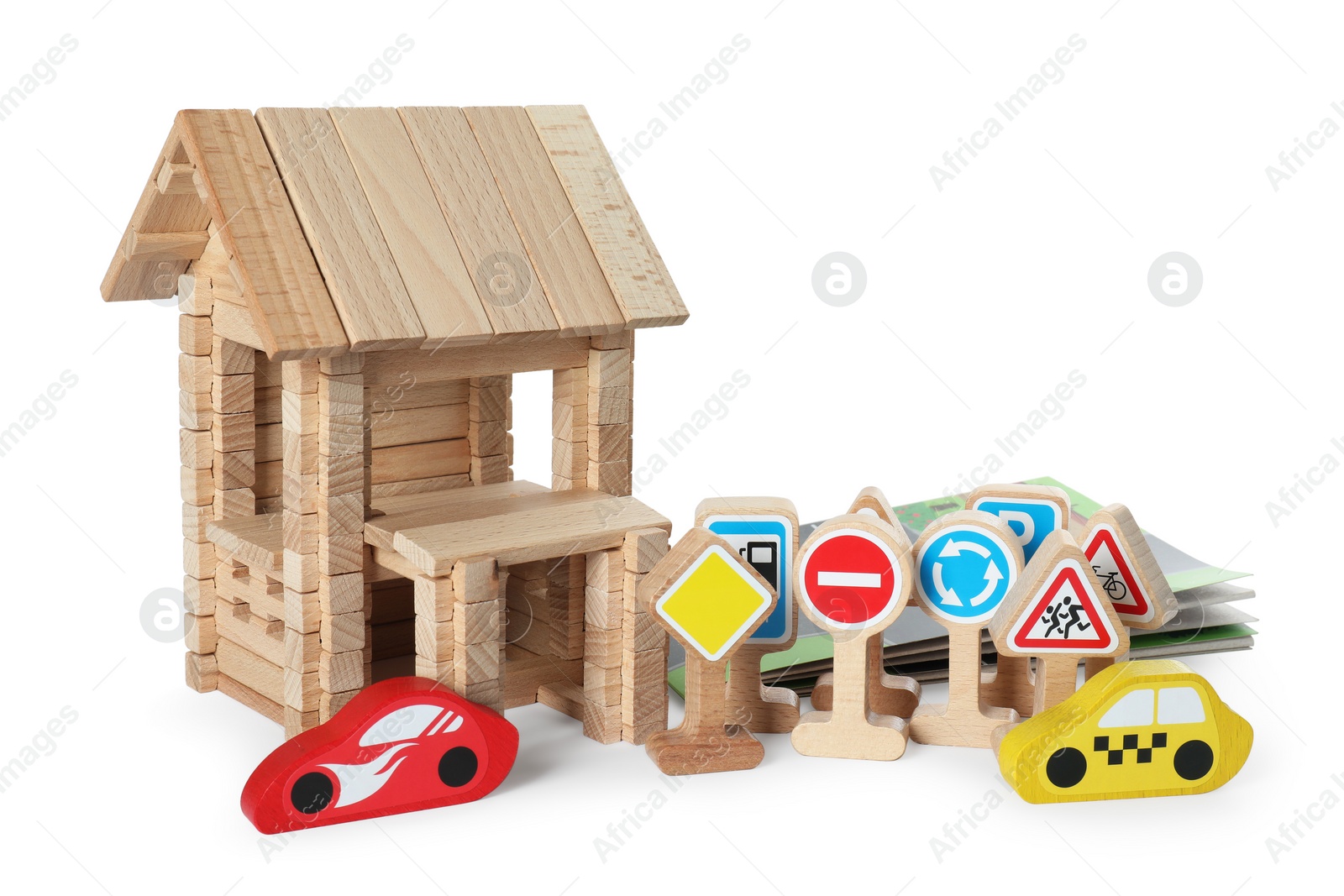 Photo of Set of wooden toys isolated on white. Children's development