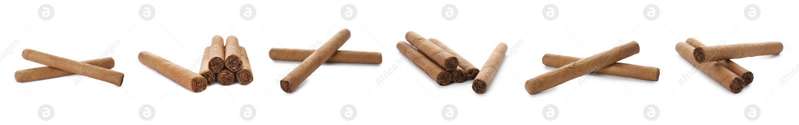 Image of Set of cigars wrapped in tobacco leaves on white background. Banner design