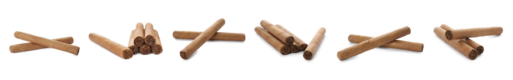 Set of cigars wrapped in tobacco leaves on white background. Banner design